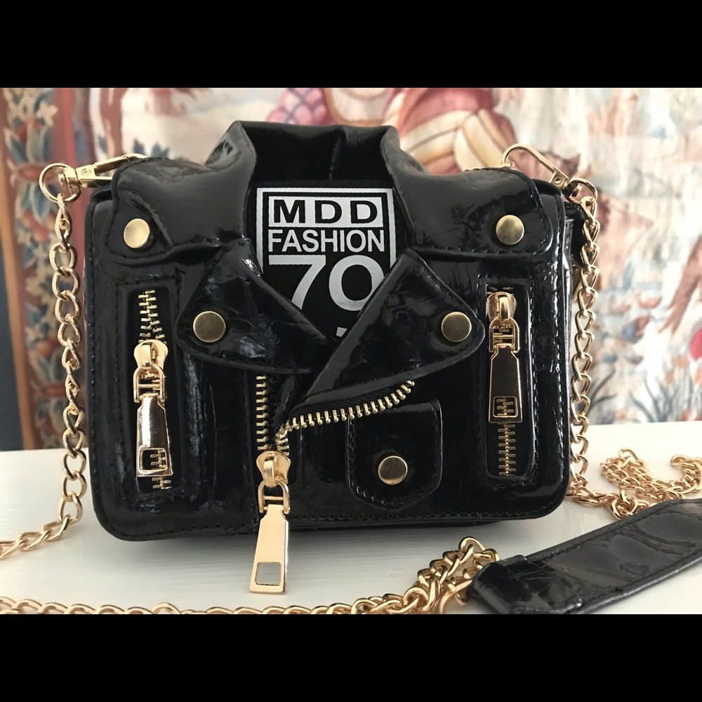 Adorable & Unique Black & Gold Motorcycle Jacket Bag!